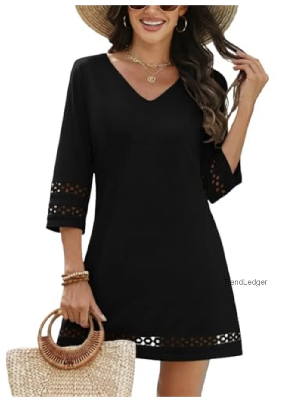 Women's V-Neck Eyelet Cover Up Summer Beach Dress 3/4 Sleeve